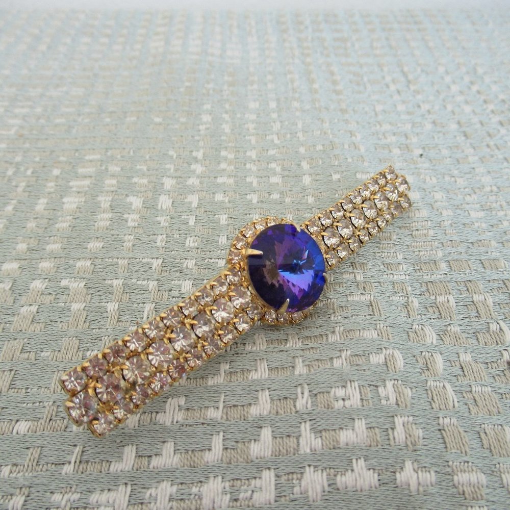 VTG Juliana Style Faux Tanzanite Stone and Rhinestone Fabuluos Bar Brooch Purple